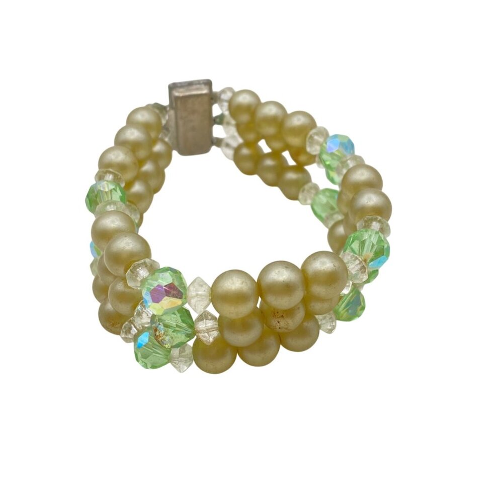 Vintage Faux Pearl Green Crystal Bracelet Rhinestone Box Clasp MCM 1940s-1950s - Picture 2 of 12